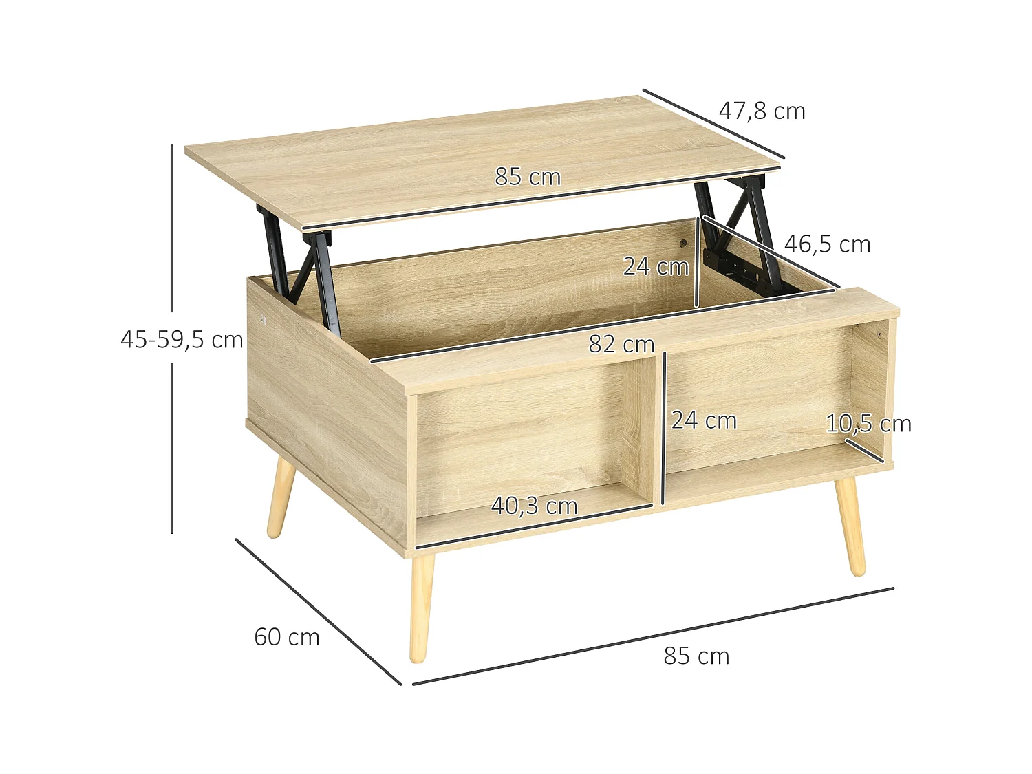 Table basse relevable - 2 niches, coffre de rangement - dim. 85L x 60l x 59,5H cm - aspect bois chêne clair