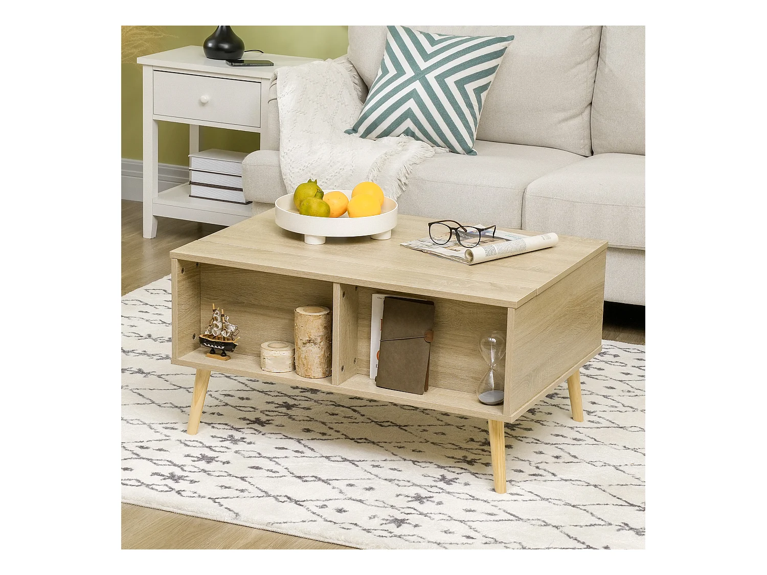 Table basse relevable - 2 niches, coffre de rangement - dim. 85L x 60l x 59,5H cm - aspect bois chêne clair