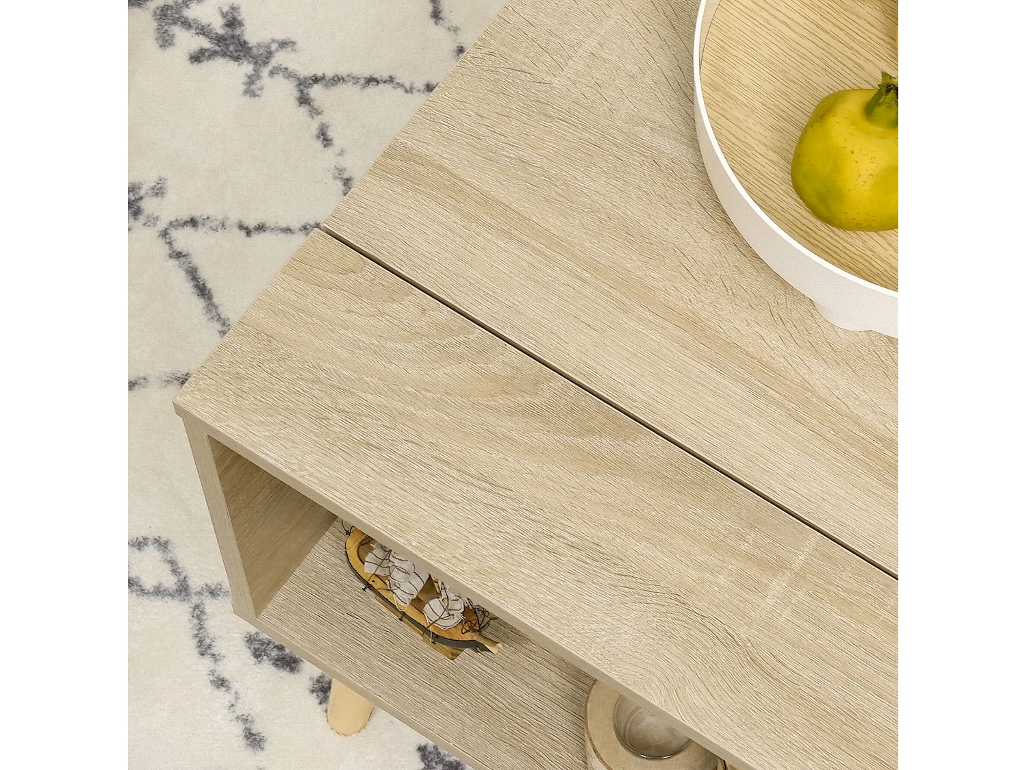 Table basse relevable - 2 niches, coffre de rangement - dim. 85L x 60l x 59,5H cm - aspect bois chêne clair