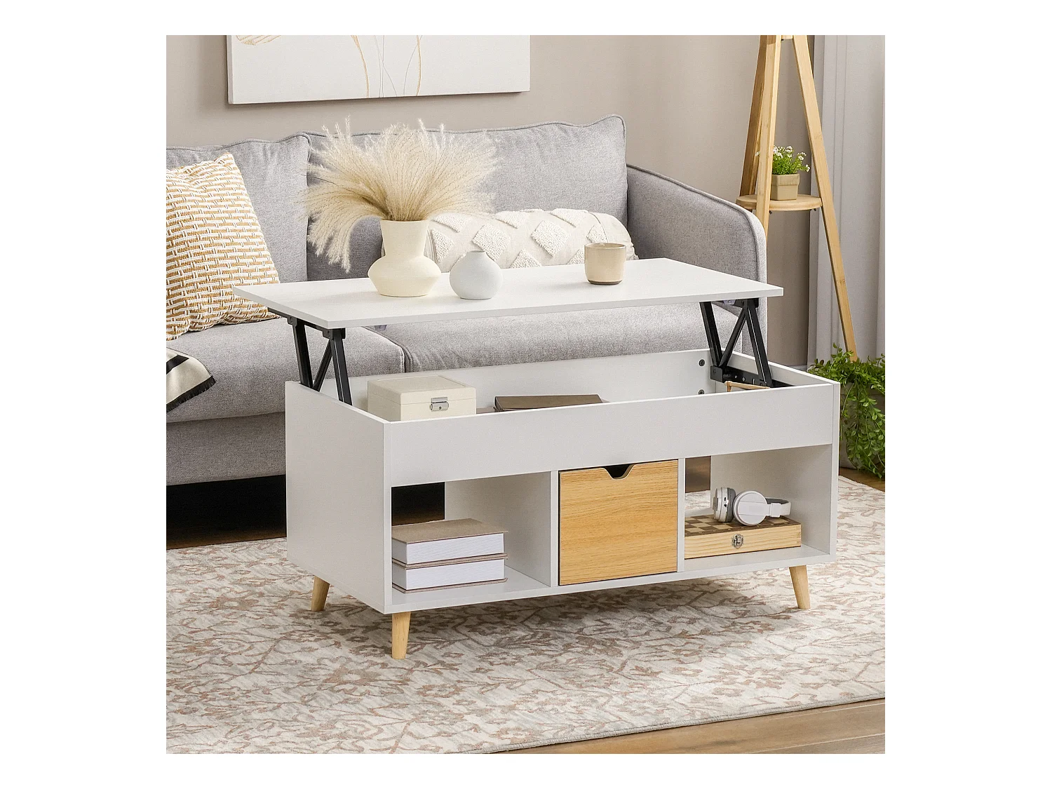 Table basse relevable - tiroir, 2 niches, coffre - dim. 100L x 50l x 49H cm - bois clair blanc