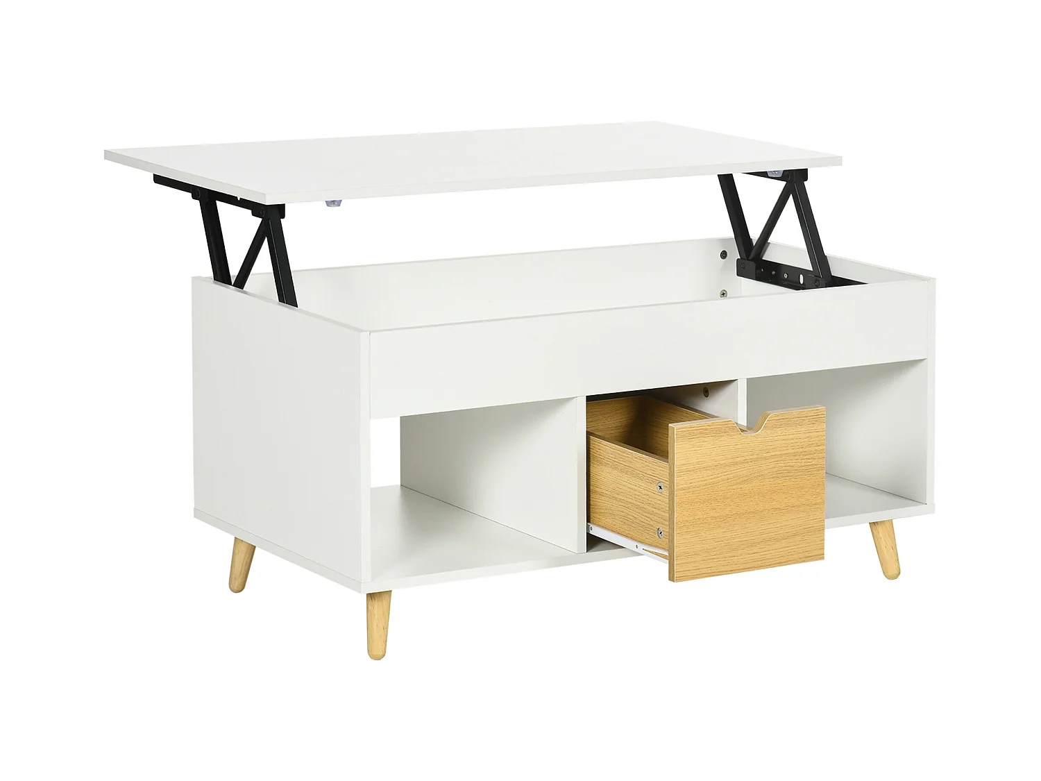 Table basse relevable - tiroir, 2 niches, coffre - dim. 100L x 50l x 49H cm - bois clair blanc