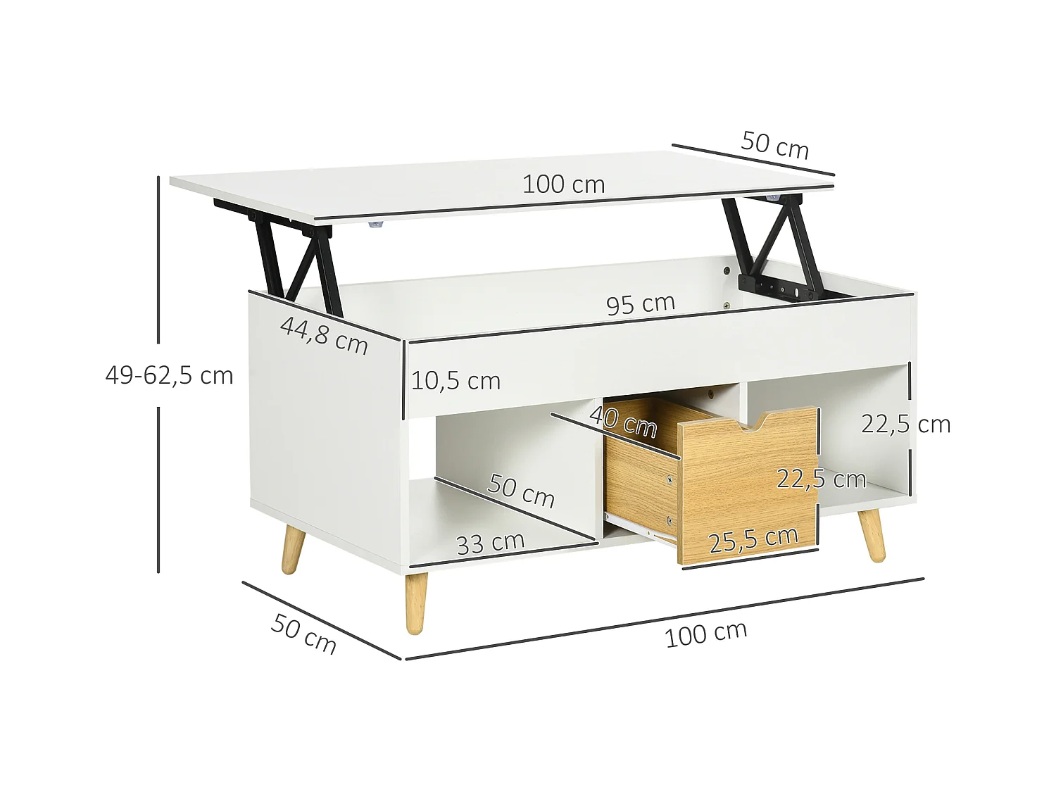 Table basse relevable - tiroir, 2 niches, coffre - dim. 100L x 50l x 49H cm - bois clair blanc