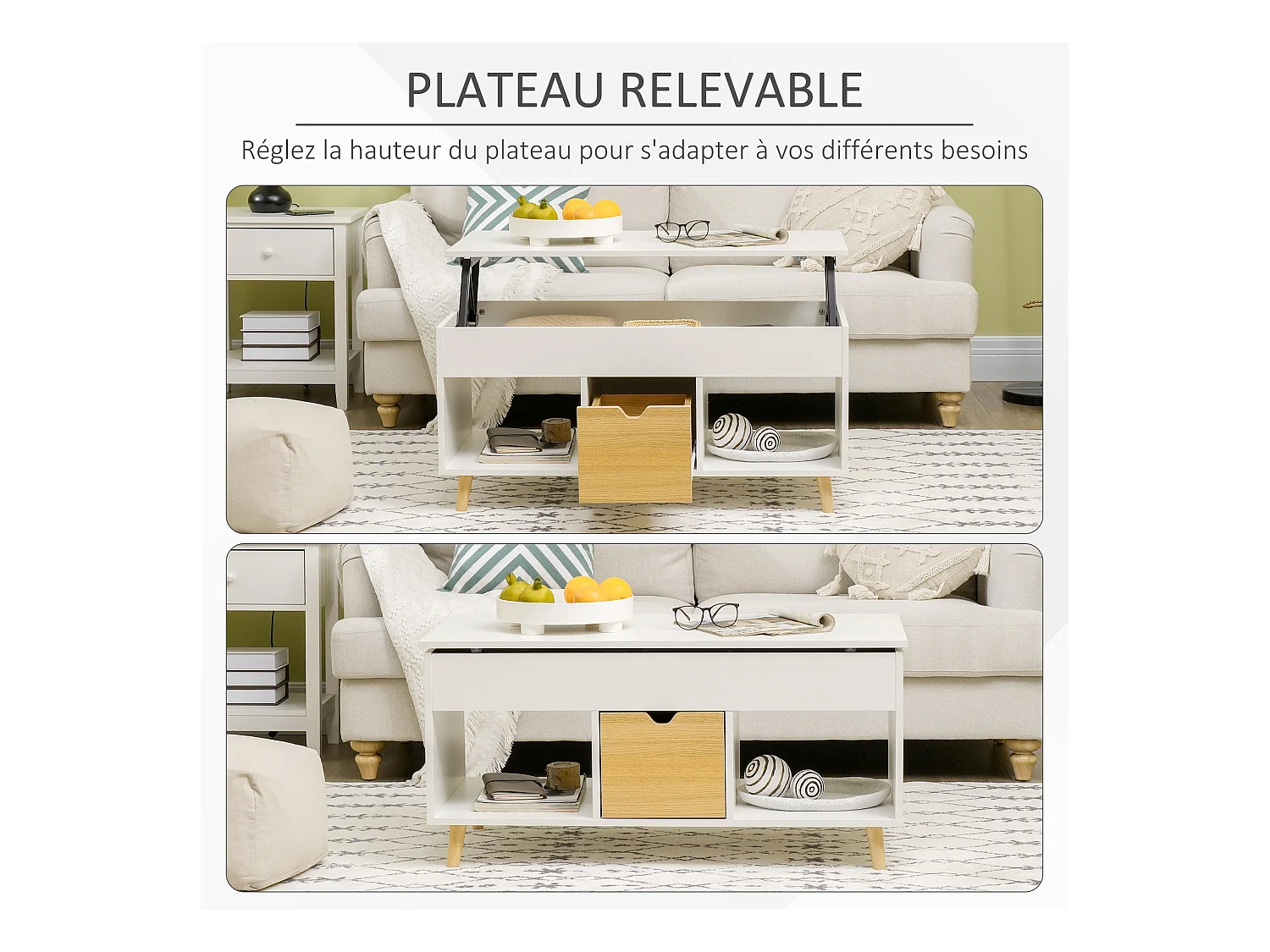 Table basse relevable - tiroir, 2 niches, coffre - dim. 100L x 50l x 49H cm - bois clair blanc
