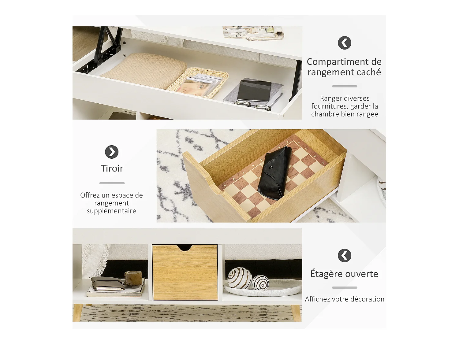 Table basse relevable - tiroir, 2 niches, coffre - dim. 100L x 50l x 49H cm - bois clair blanc