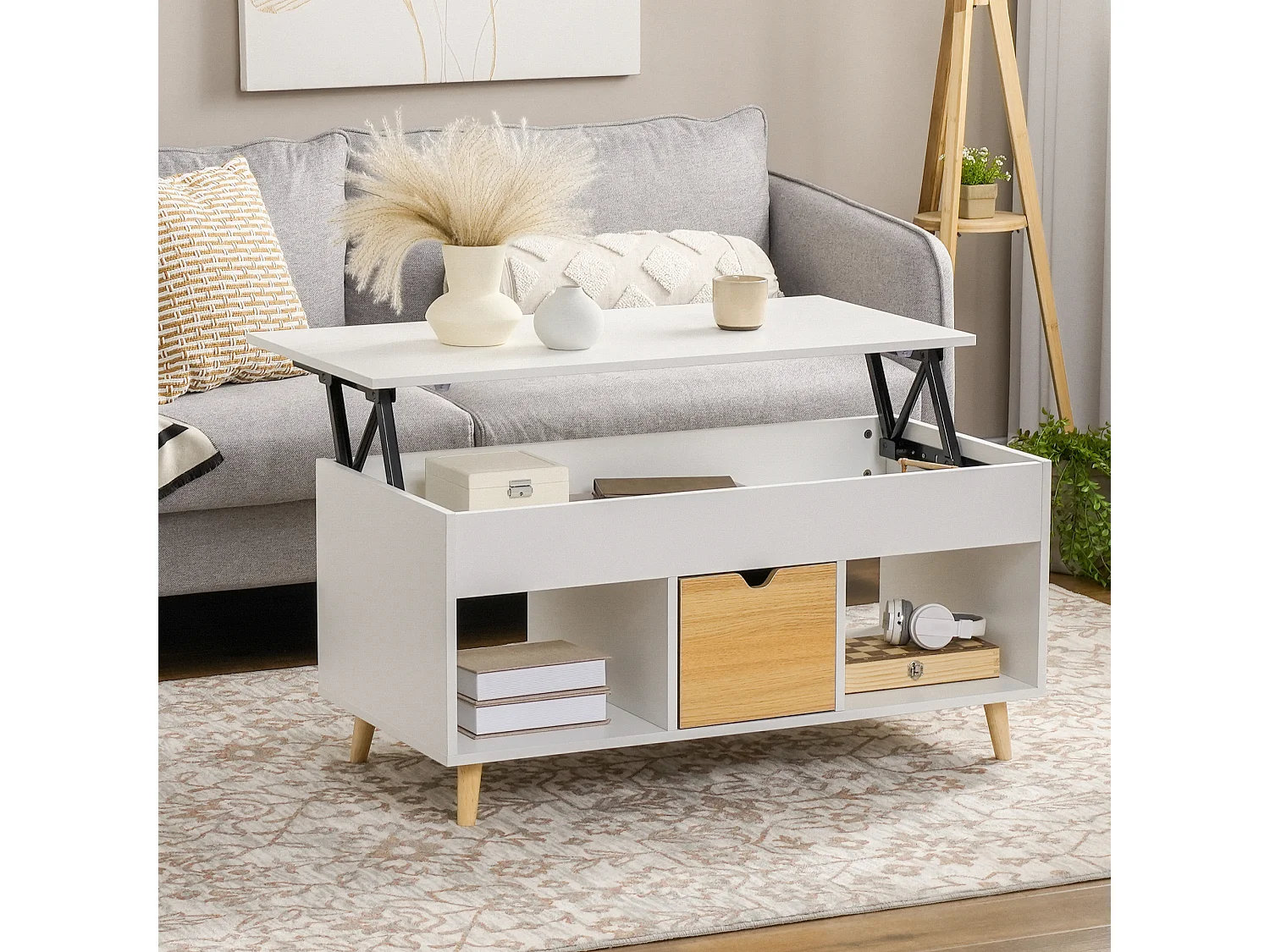 Table basse relevable - tiroir, 2 niches, coffre - dim. 100L x 50l x 49H cm - bois clair blanc