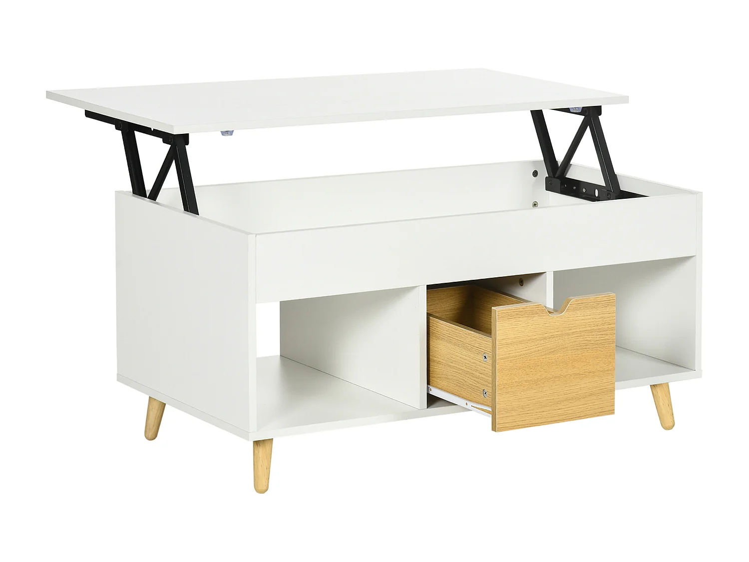 Table basse relevable - tiroir, 2 niches, coffre - dim. 100L x 50l x 49H cm - bois clair blanc