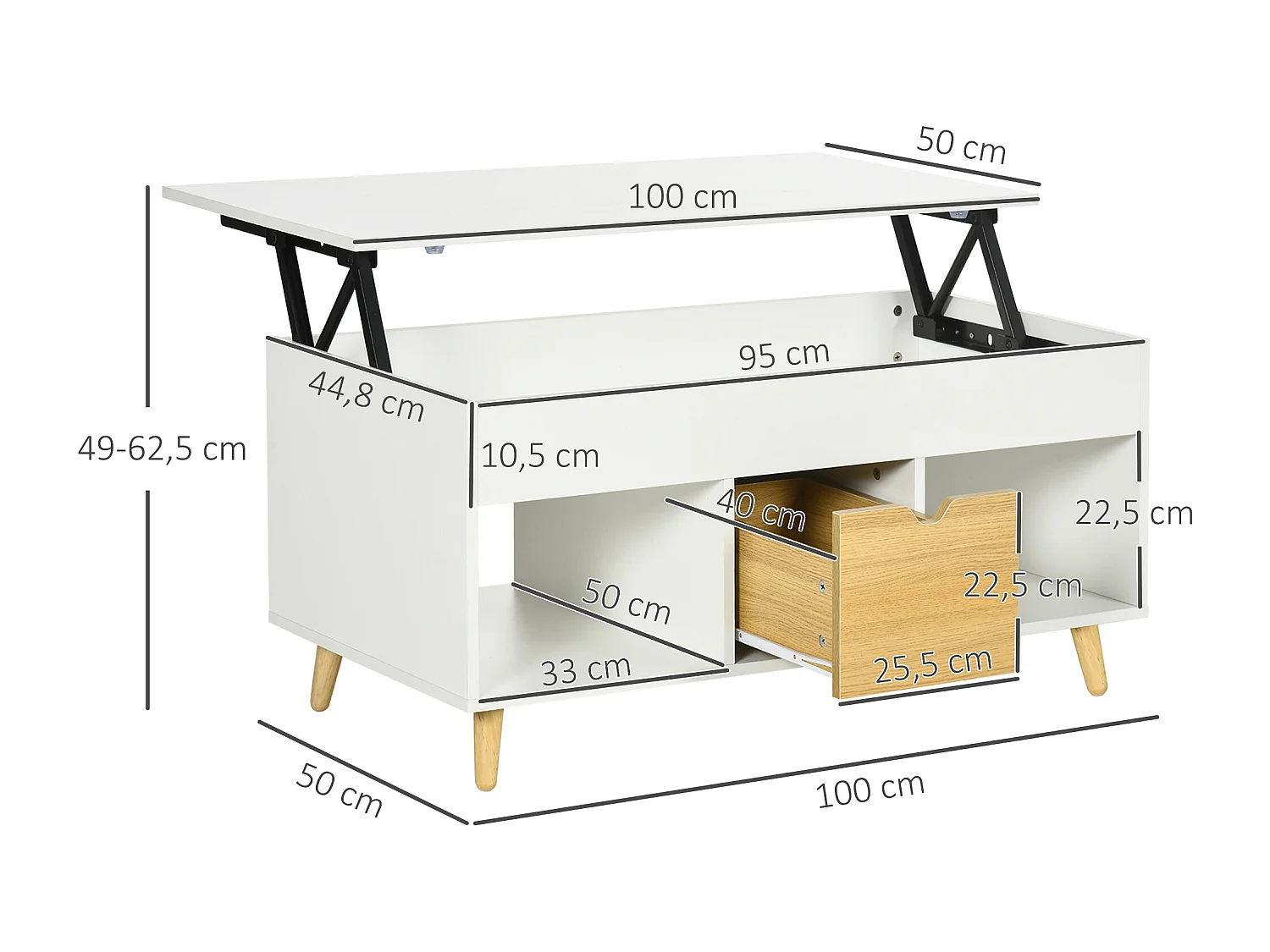 Table basse relevable - tiroir, 2 niches, coffre - dim. 100L x 50l x 49H cm - bois clair blanc