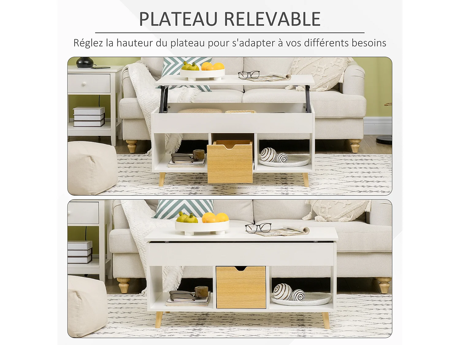 Table basse relevable - tiroir, 2 niches, coffre - dim. 100L x 50l x 49H cm - bois clair blanc