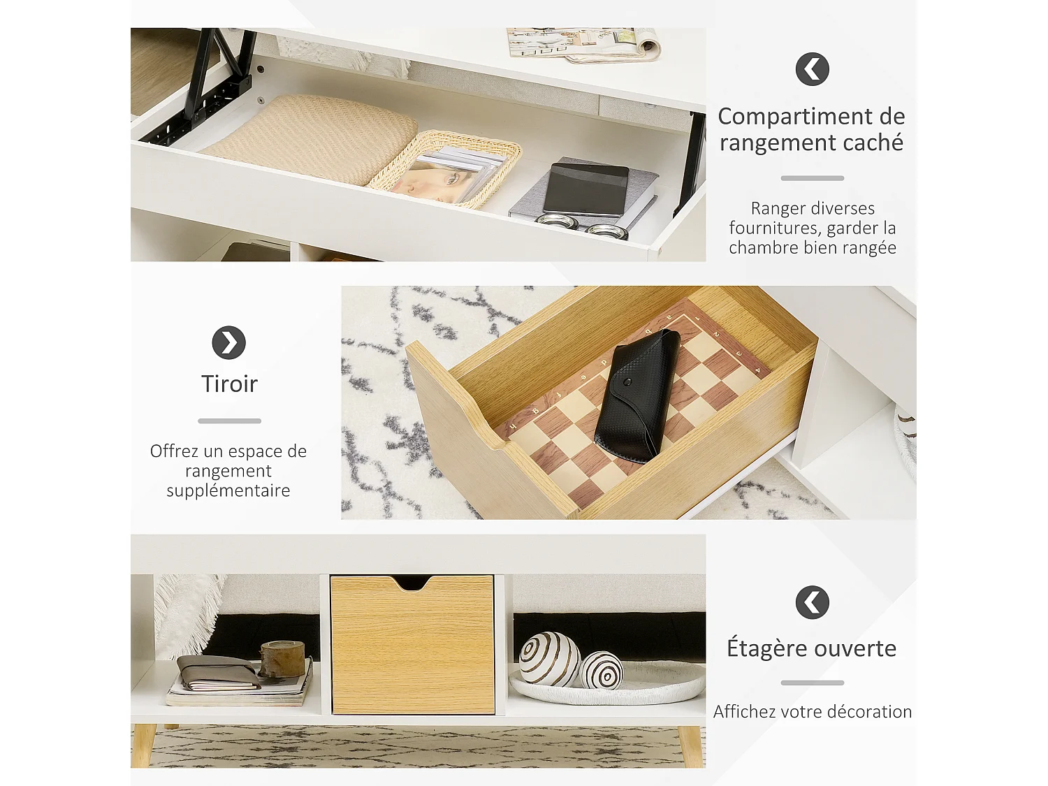 Table basse relevable - tiroir, 2 niches, coffre - dim. 100L x 50l x 49H cm - bois clair blanc