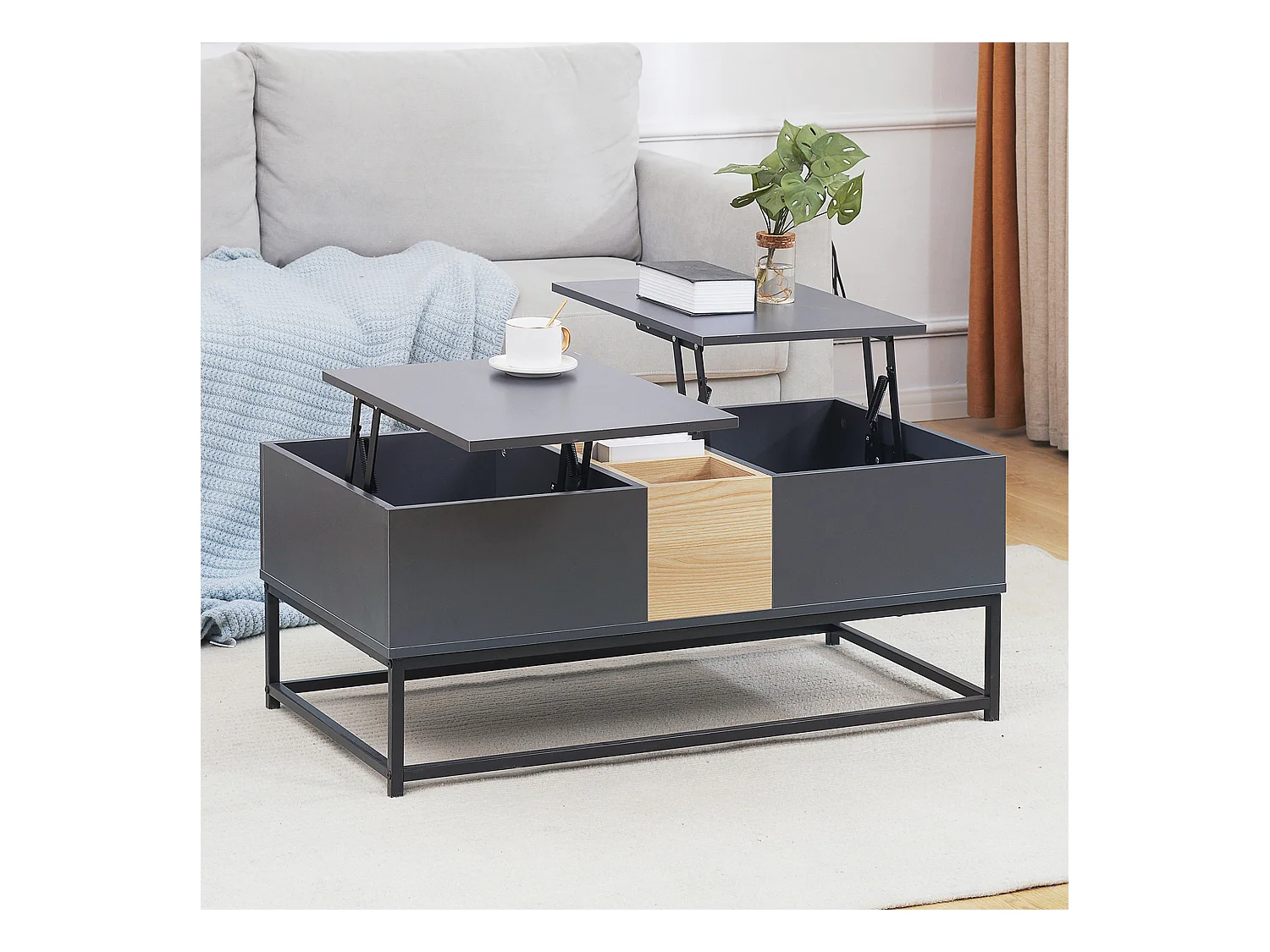 Table basse relevable double plateau multi-rangement - dim. 100L x 50l x 42H cm - acier panneaux coloris pin gris