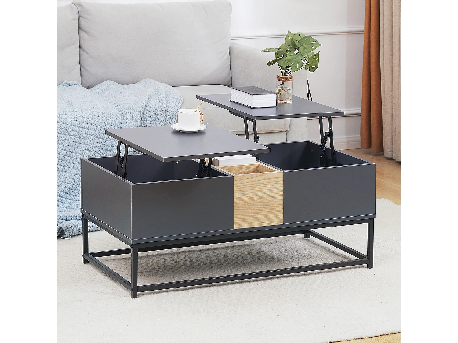 Table basse relevable double plateau multi-rangement - dim. 100L x 50l x 42H cm - acier panneaux coloris pin gris