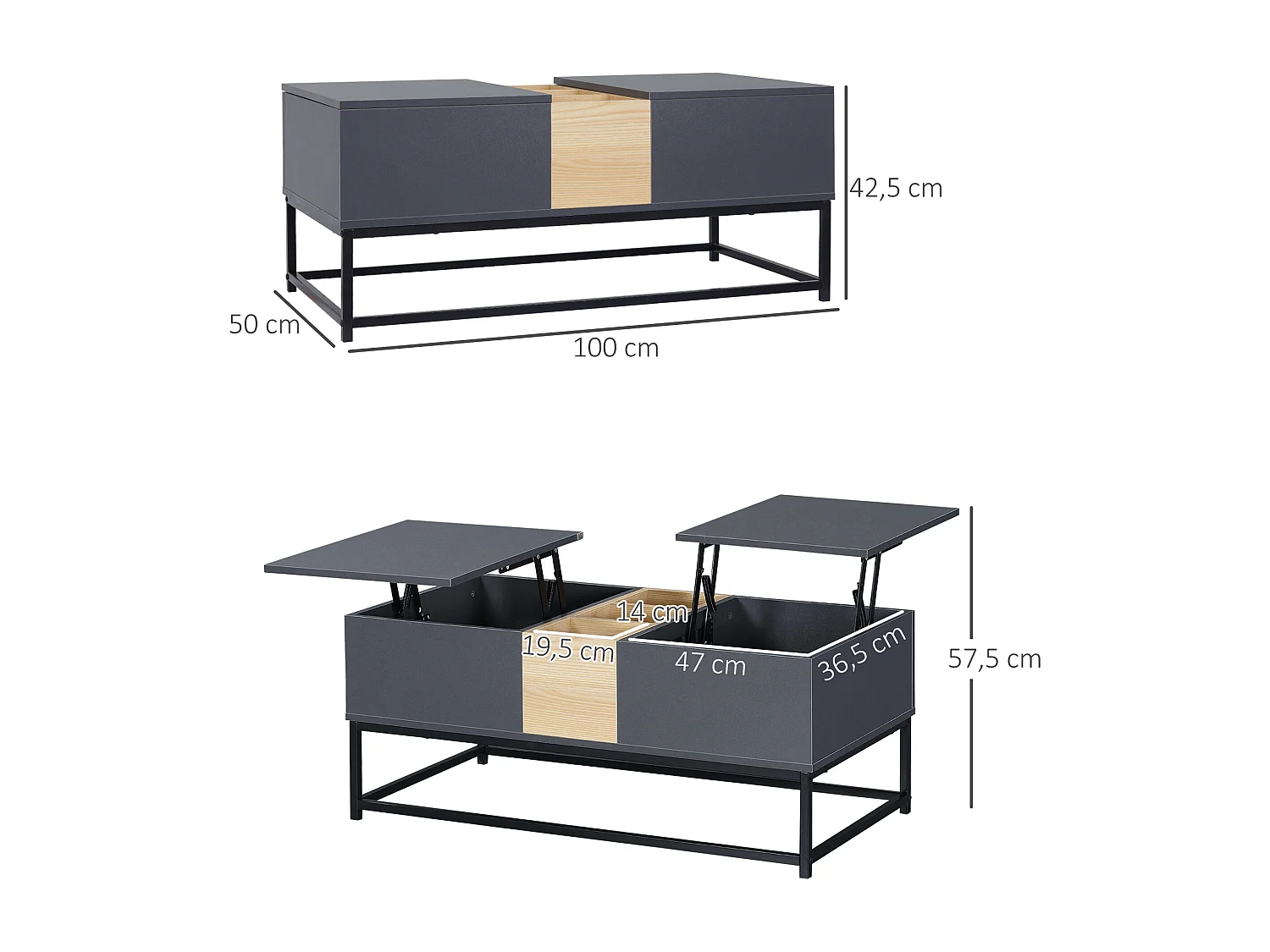 Table basse relevable double plateau multi-rangement - dim. 100L x 50l x 42H cm - acier panneaux coloris pin gris