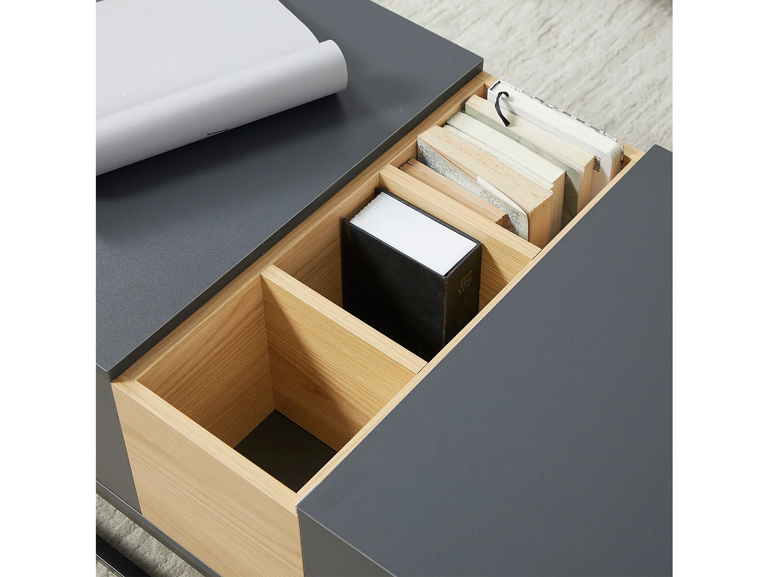 Table basse relevable double plateau multi-rangement - dim. 100L x 50l x 42H cm - acier panneaux coloris pin gris