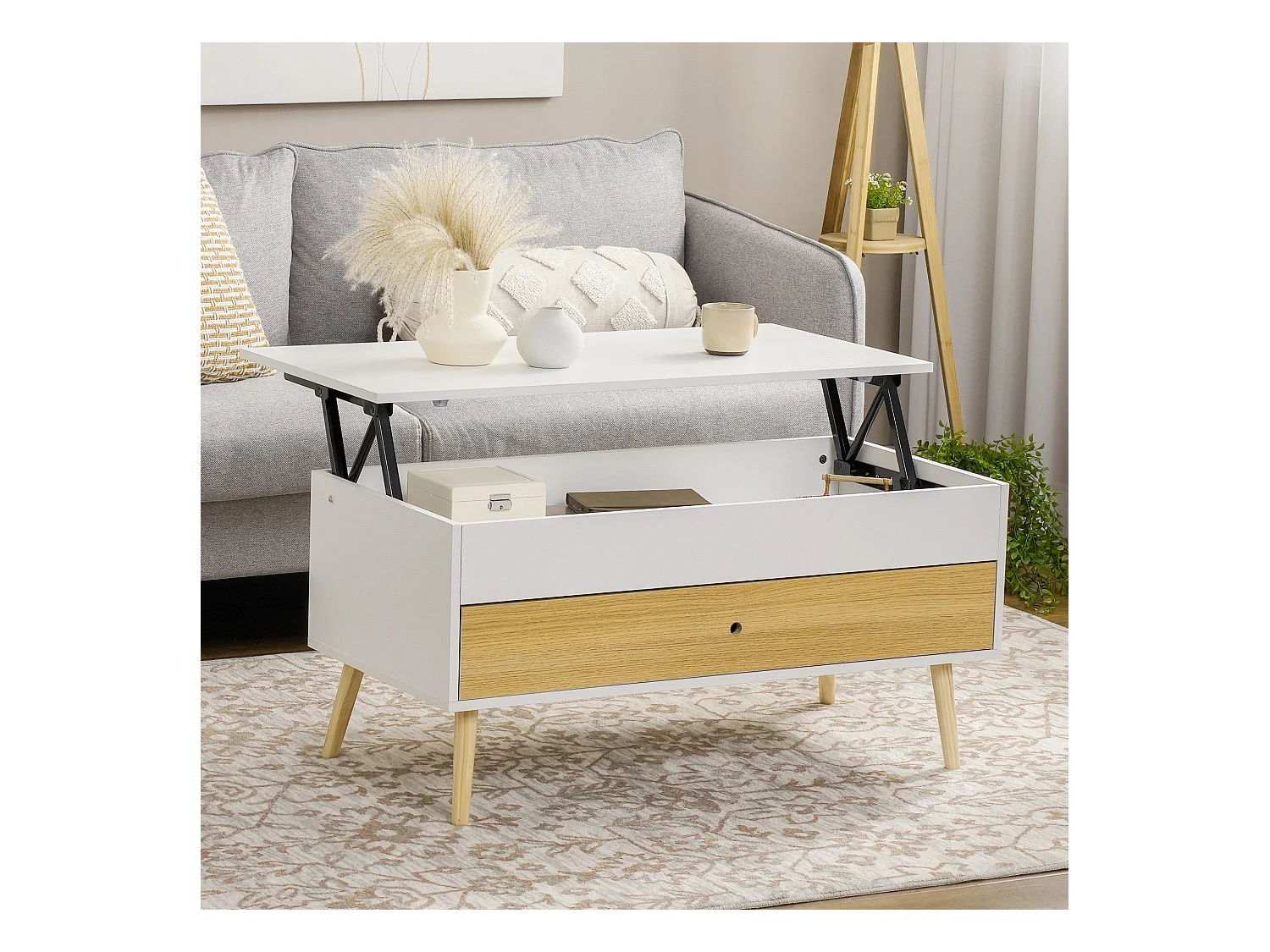 Table basse relevable - tiroir, coffre de rangement - dim. 100L x 50l x 49H cm - blanc aspect bois clair