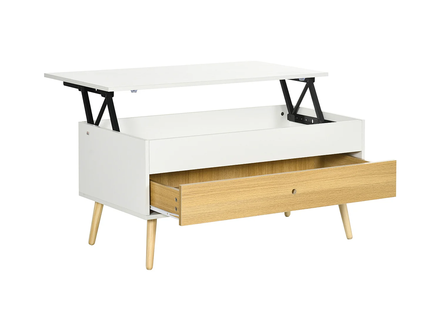 Table basse relevable - tiroir, coffre de rangement - dim. 100L x 50l x 49H cm - blanc aspect bois clair