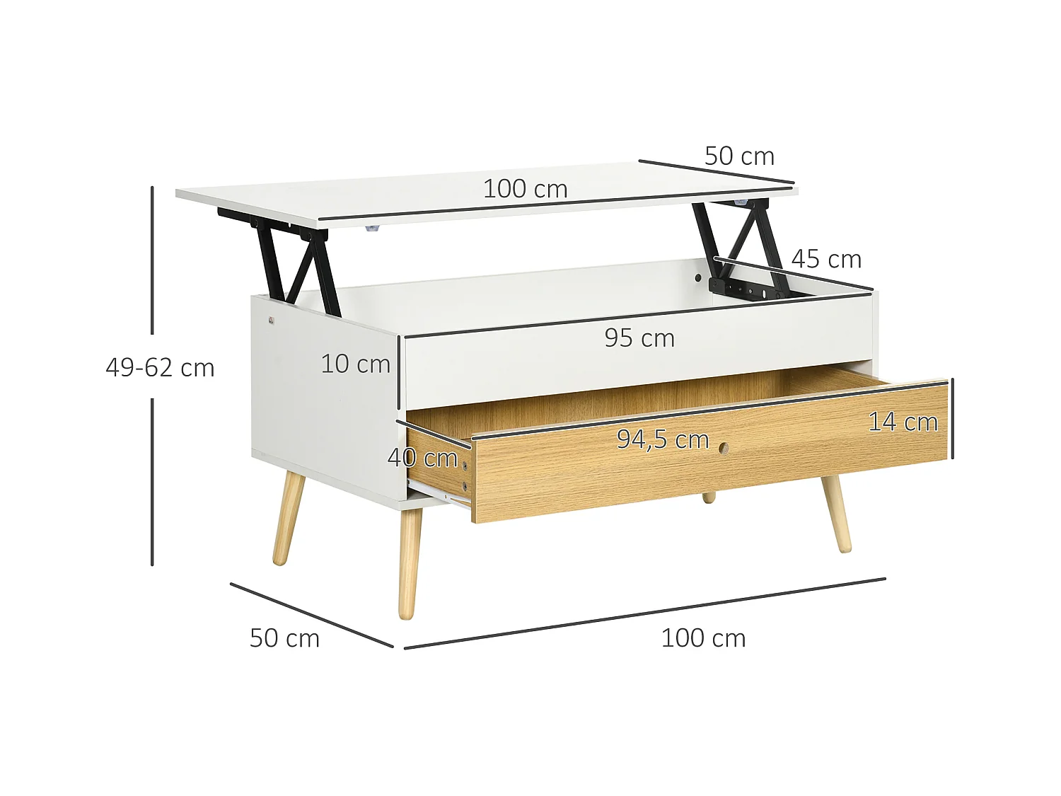 Table basse relevable - tiroir, coffre de rangement - dim. 100L x 50l x 49H cm - blanc aspect bois clair