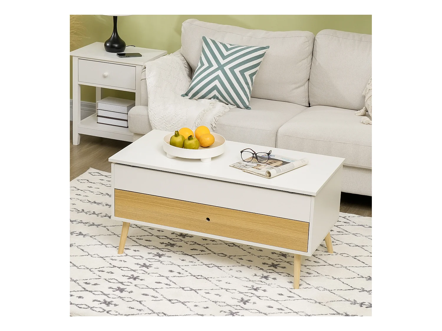 Table basse relevable - tiroir, coffre de rangement - dim. 100L x 50l x 49H cm - blanc aspect bois clair