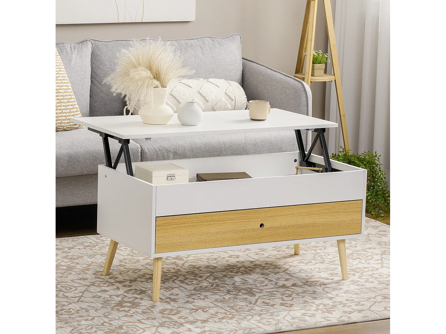 Table basse relevable - tiroir, coffre de rangement - dim. 100L x 50l x 49H cm - blanc aspect bois clair