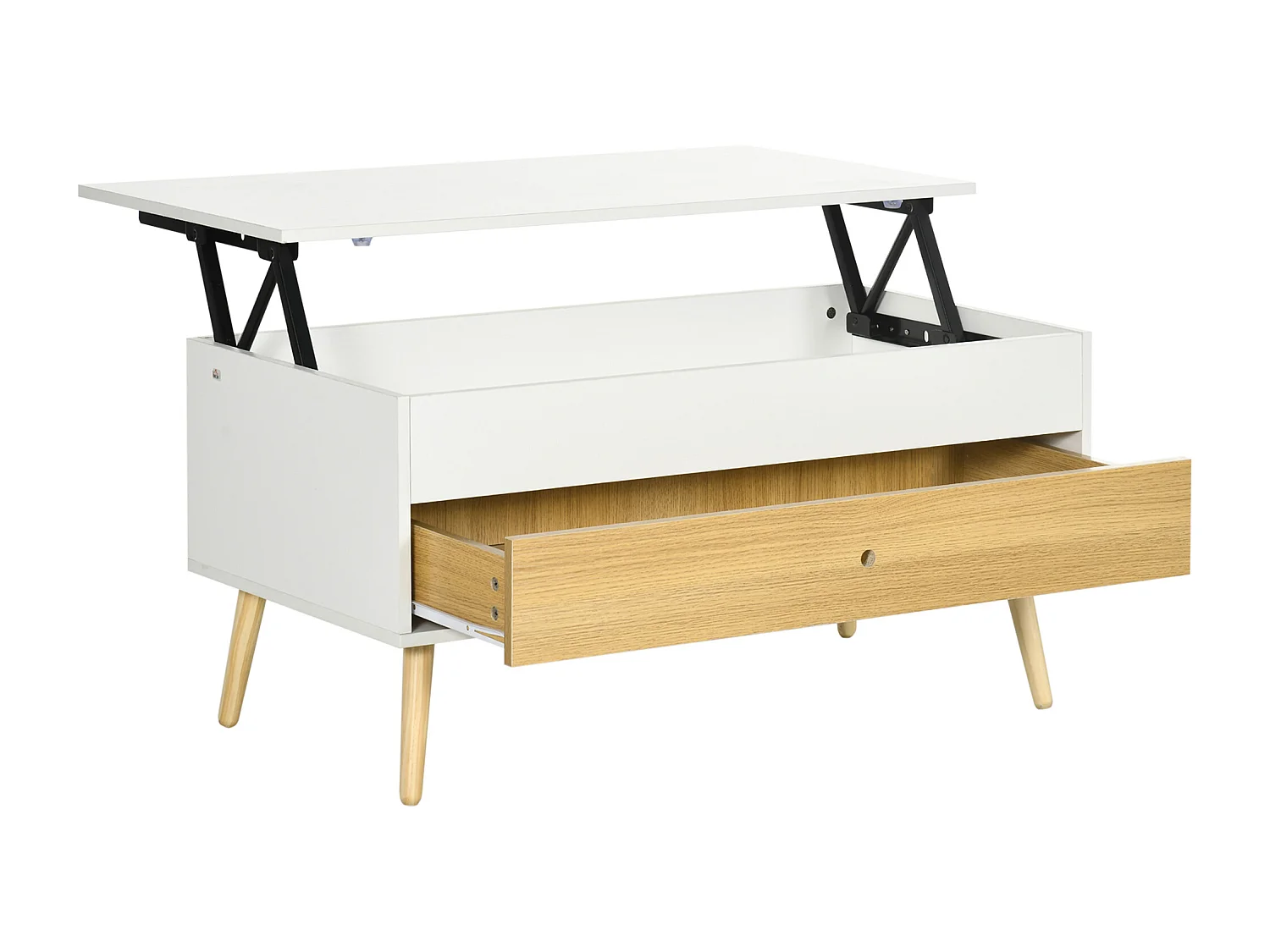 Table basse relevable - tiroir, coffre de rangement - dim. 100L x 50l x 49H cm - blanc aspect bois clair