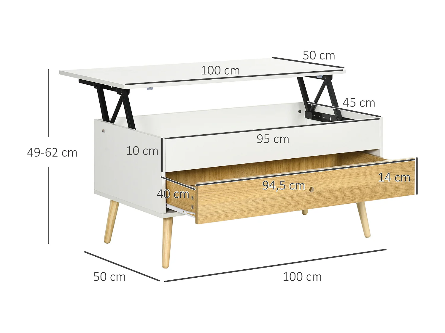 Table basse relevable - tiroir, coffre de rangement - dim. 100L x 50l x 49H cm - blanc aspect bois clair