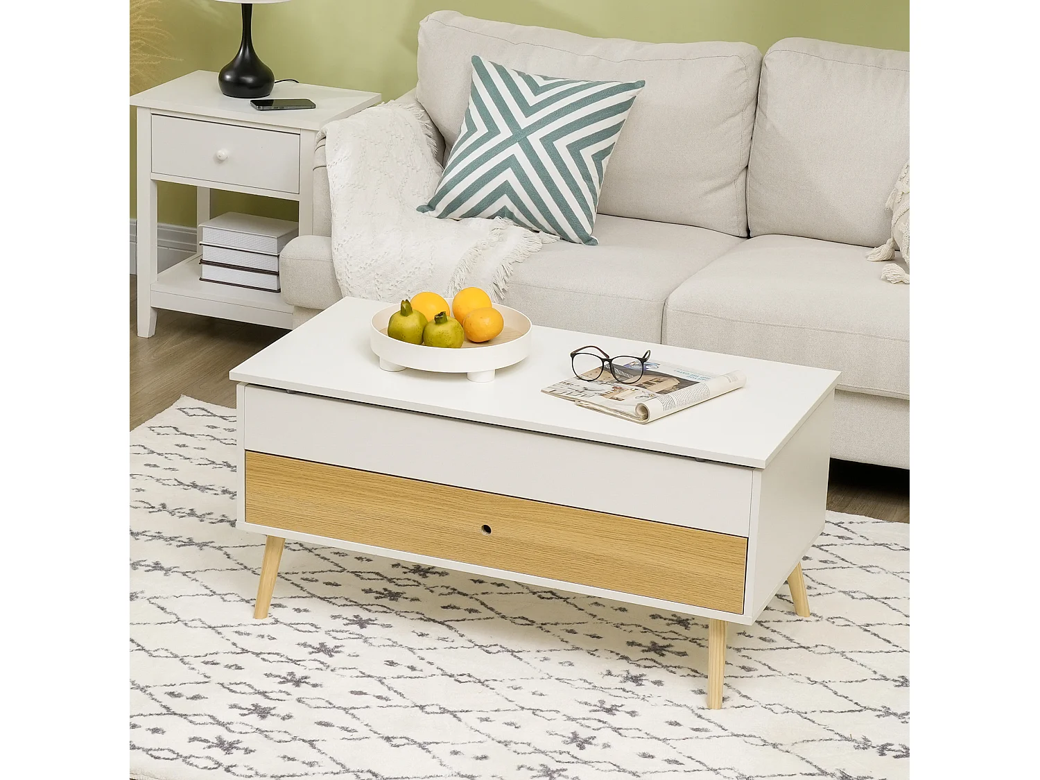Table basse relevable - tiroir, coffre de rangement - dim. 100L x 50l x 49H cm - blanc aspect bois clair