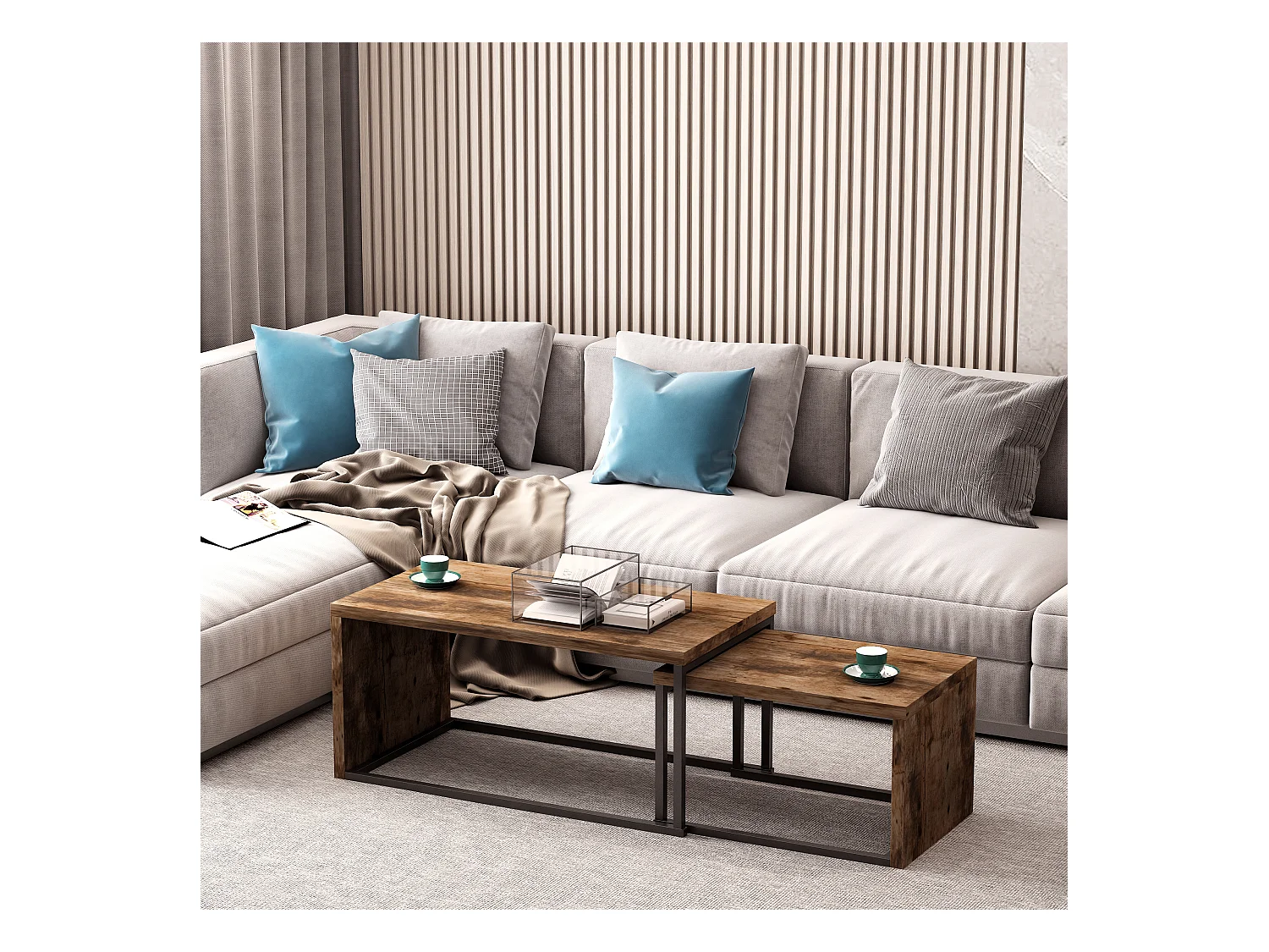 Lot de 2 tables basses gigognes design industriel encastrable dim. grande table 90L x 48l x 42H cm métal noir aspect vieux bois