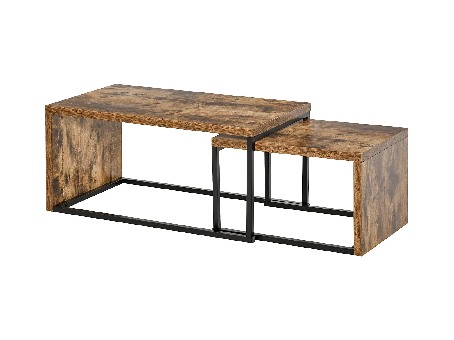 Lot de 2 tables basses gigognes design industriel encastrable dim. grande table 90L x 48l x 42H cm métal noir aspect vieux bois