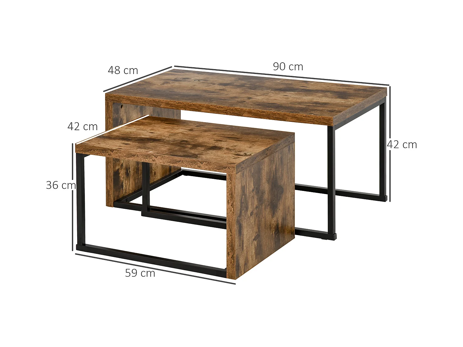 Lot de 2 tables basses gigognes design industriel encastrable dim. grande table 90L x 48l x 42H cm métal noir aspect vieux bois