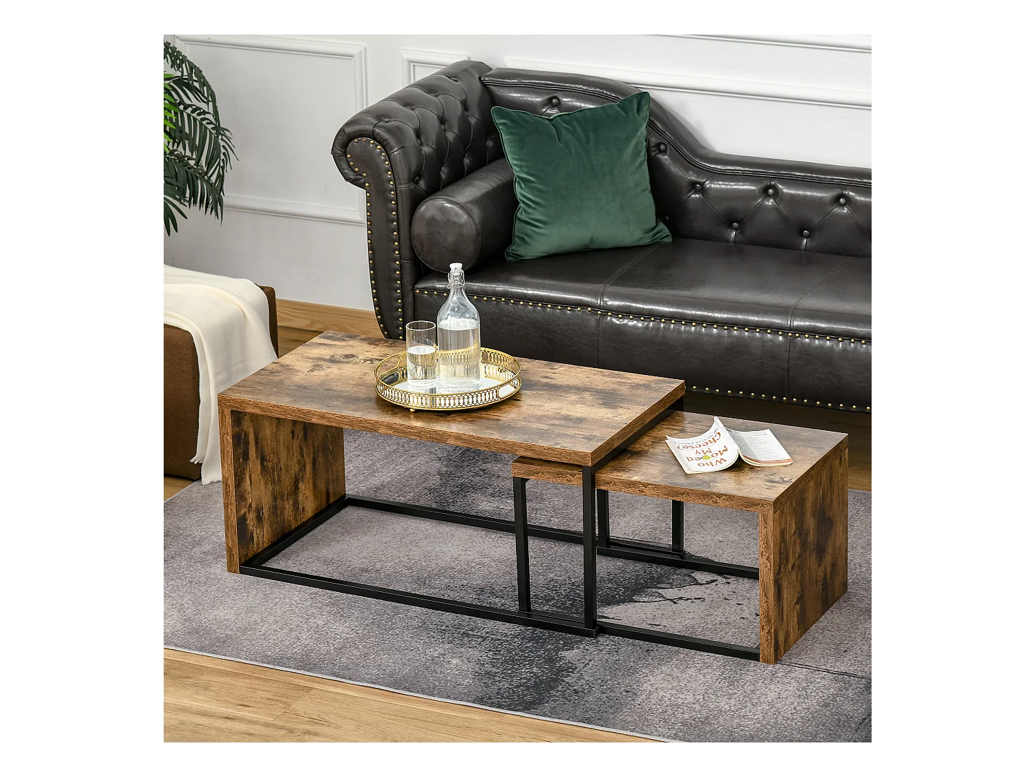 Lot de 2 tables basses gigognes design industriel encastrable dim. grande table 90L x 48l x 42H cm métal noir aspect vieux bois