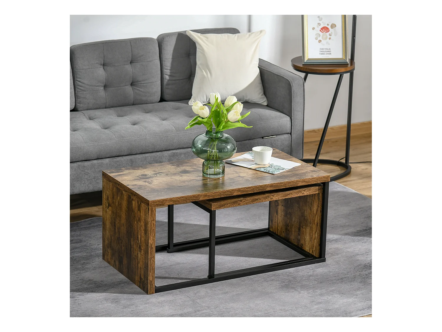 Lot de 2 tables basses gigognes design industriel encastrable dim. grande table 90L x 48l x 42H cm métal noir aspect vieux bois