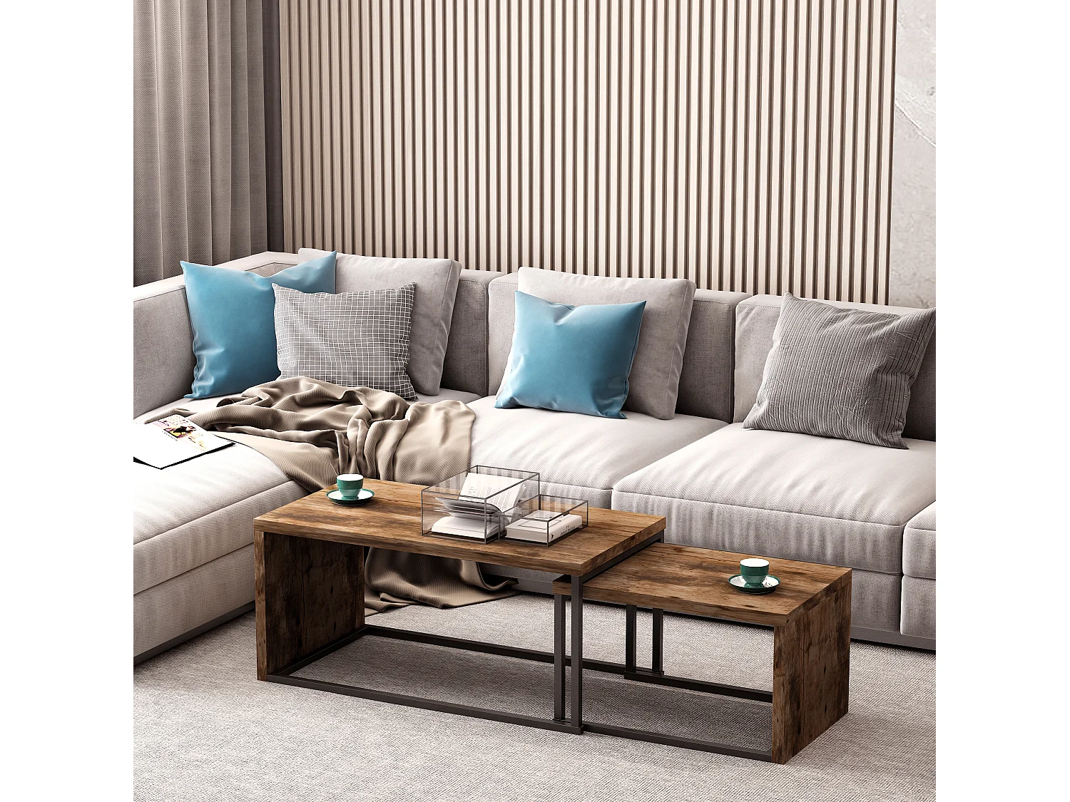 Lot de 2 tables basses gigognes design industriel encastrable dim. grande table 90L x 48l x 42H cm métal noir aspect vieux bois