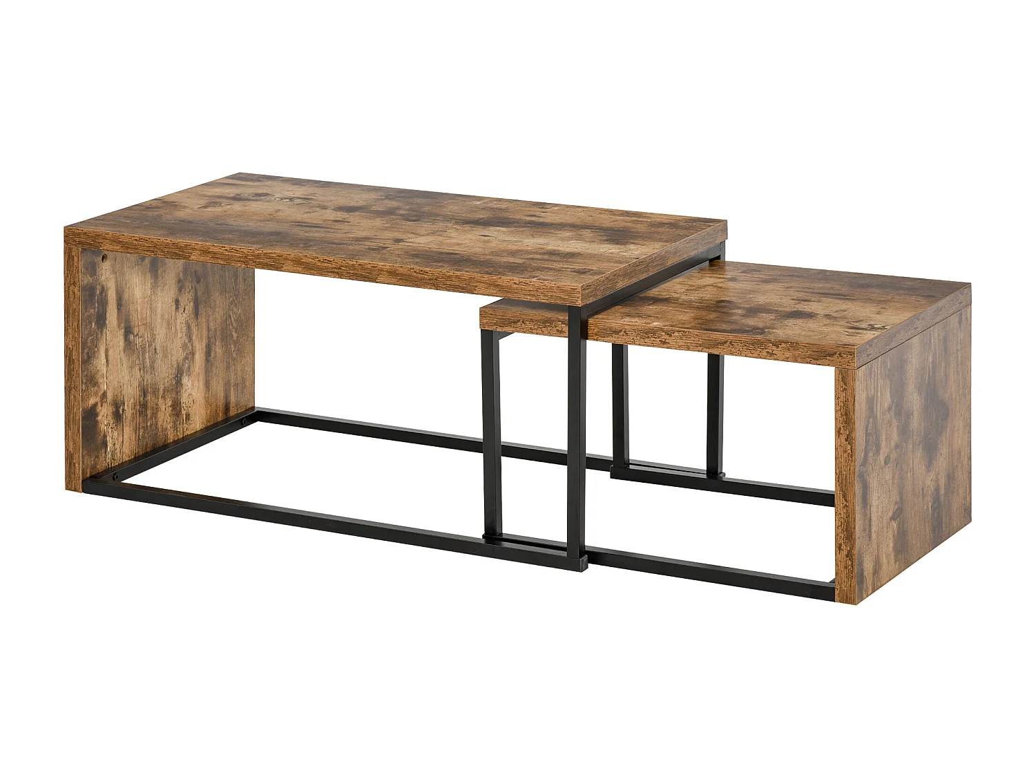 Lot de 2 tables basses gigognes design industriel encastrable dim. grande table 90L x 48l x 42H cm métal noir aspect vieux bois