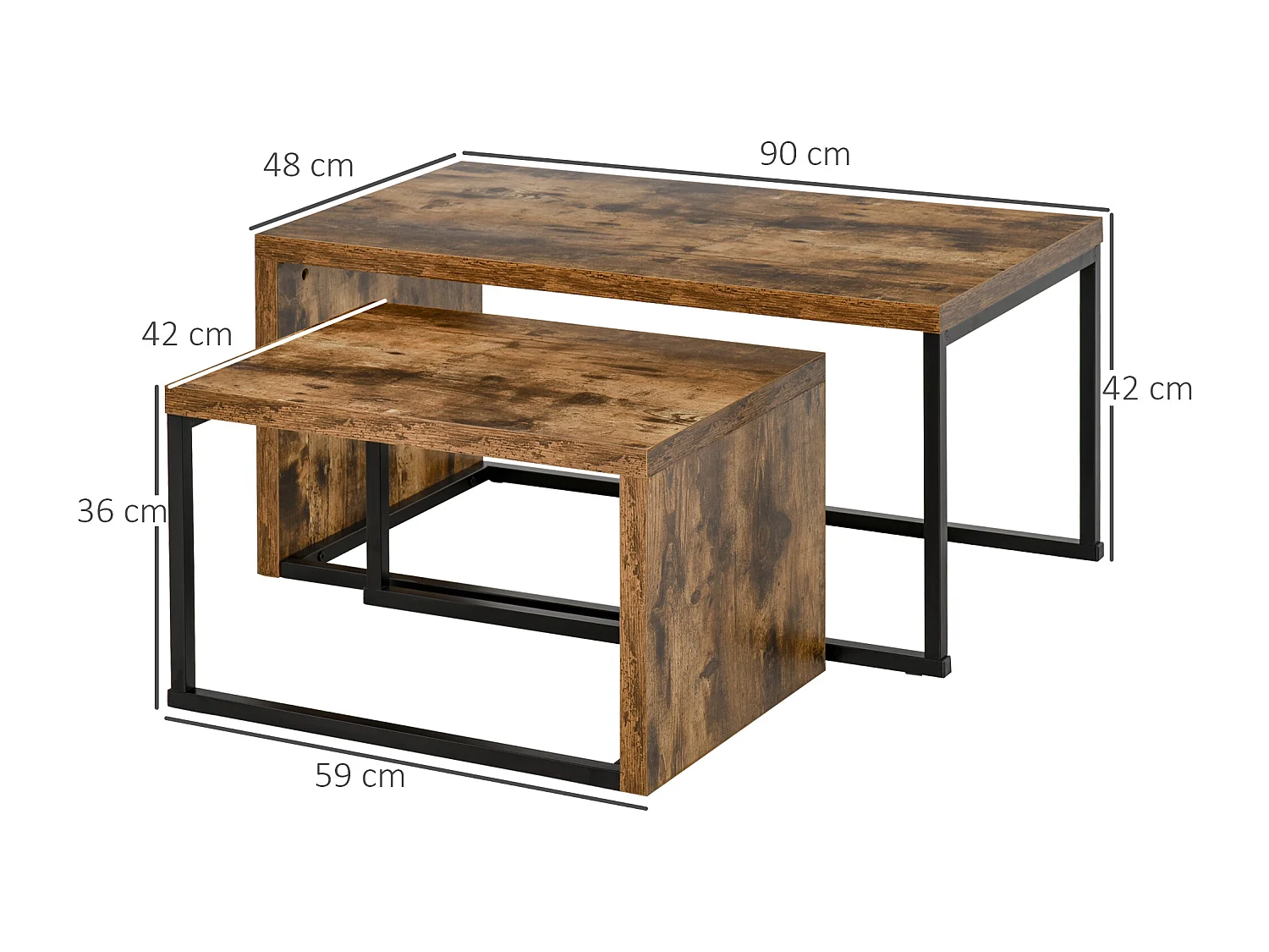 Lot de 2 tables basses gigognes design industriel encastrable dim. grande table 90L x 48l x 42H cm métal noir aspect vieux bois