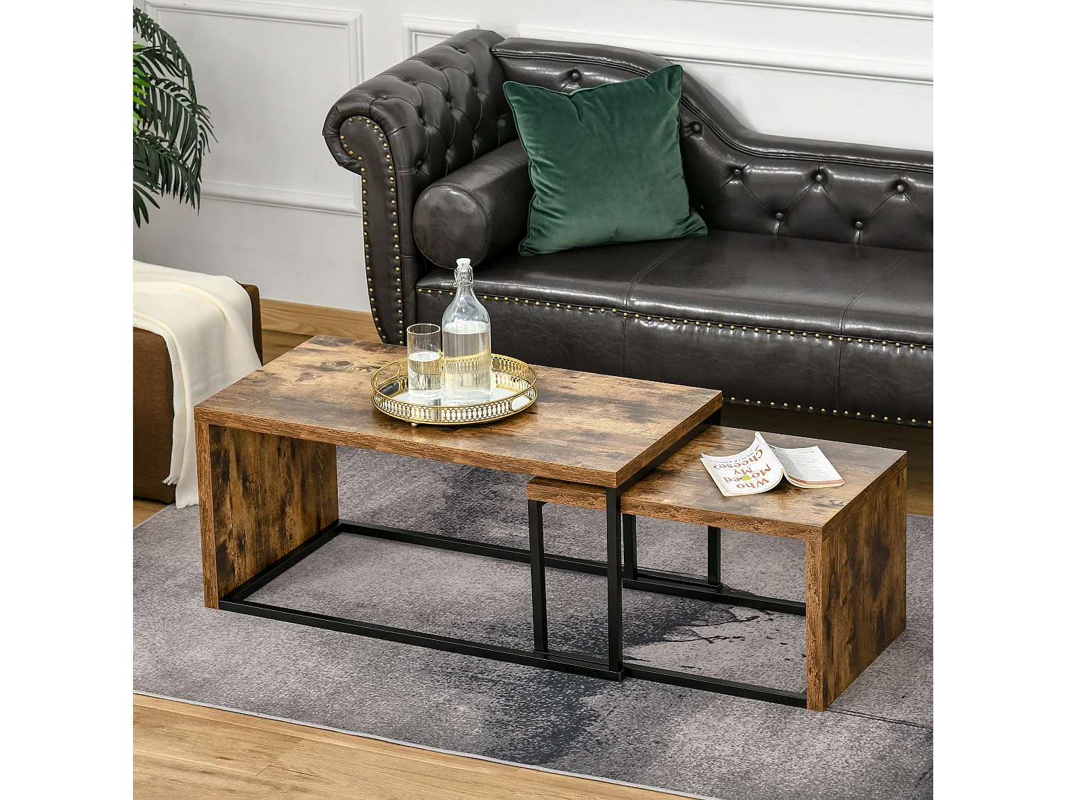 Lot de 2 tables basses gigognes design industriel encastrable dim. grande table 90L x 48l x 42H cm métal noir aspect vieux bois