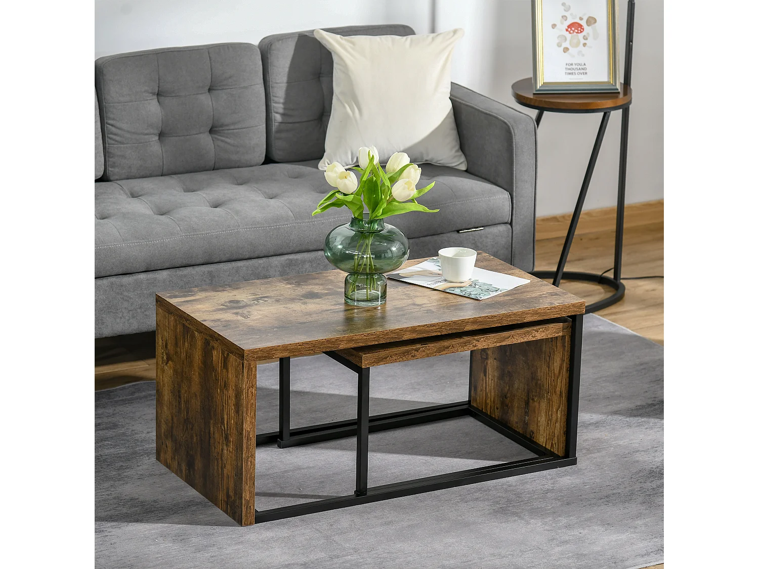 Lot de 2 tables basses gigognes design industriel encastrable dim. grande table 90L x 48l x 42H cm métal noir aspect vieux bois