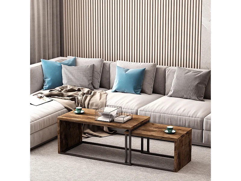 Lot de 2 tables basses gigognes design industriel encastrable dim. grande table 90L x 48l x 42H cm métal noir aspect vieux bois