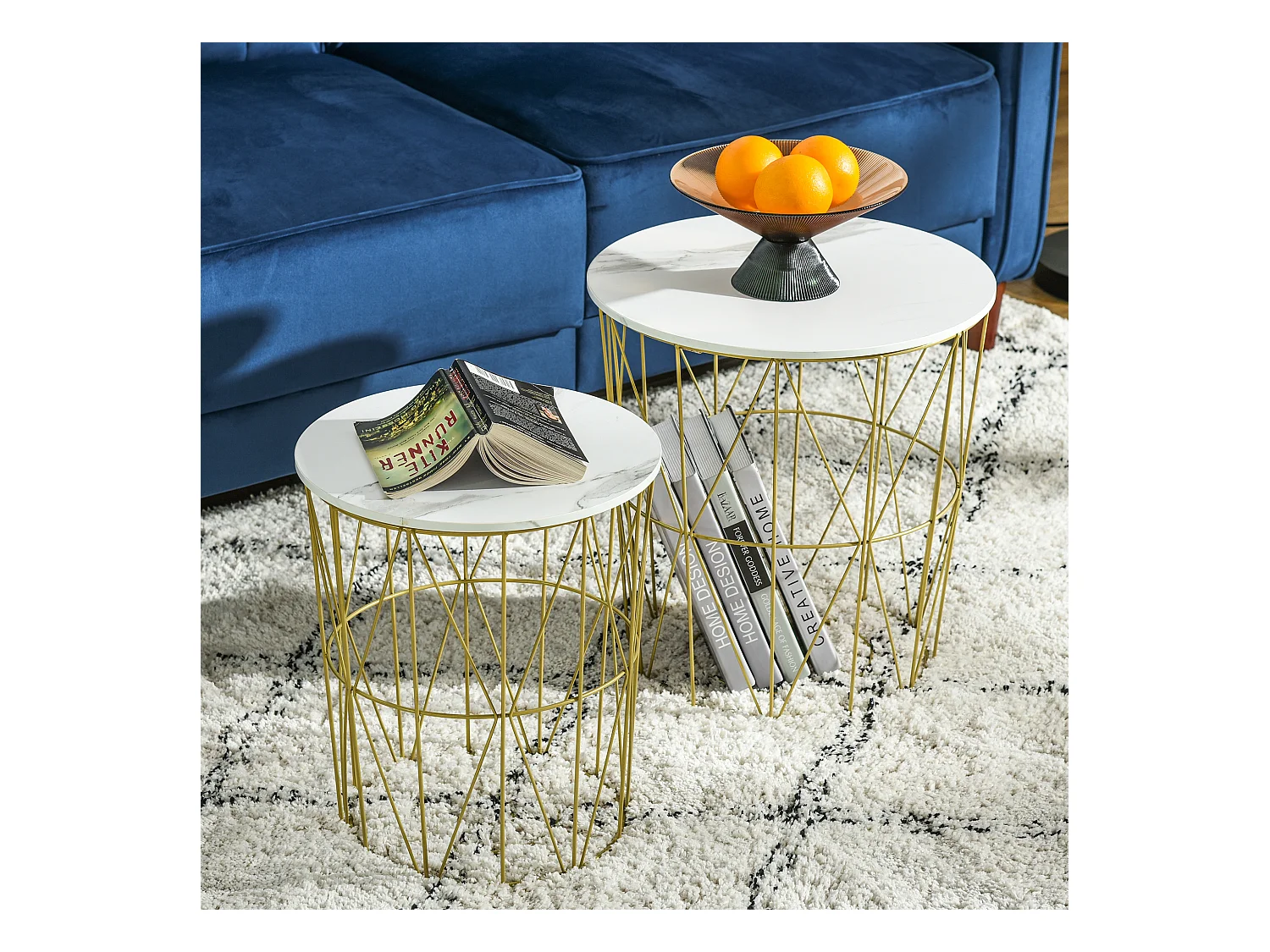 Lot de 2 tables basses gigognes - tables d'appoint rondes encastrables style néo-rétro bicolore structure métal doré plateau MDF aspect marbre blanc