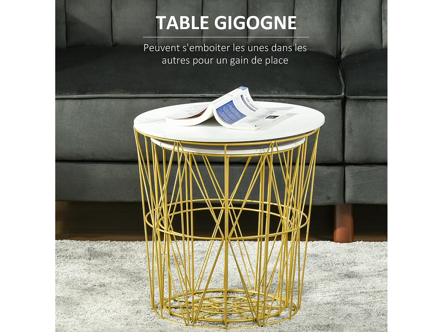 Lot de 2 tables basses gigognes - tables d'appoint rondes encastrables style néo-rétro bicolore structure métal doré plateau MDF aspect marbre blanc