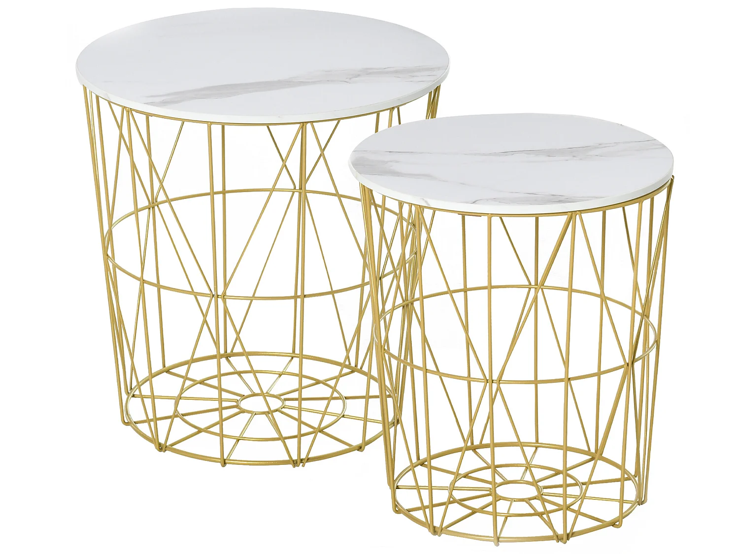 Lot de 2 tables basses gigognes - tables d'appoint rondes encastrables style néo-rétro bicolore structure métal doré plateau MDF aspect marbre blanc