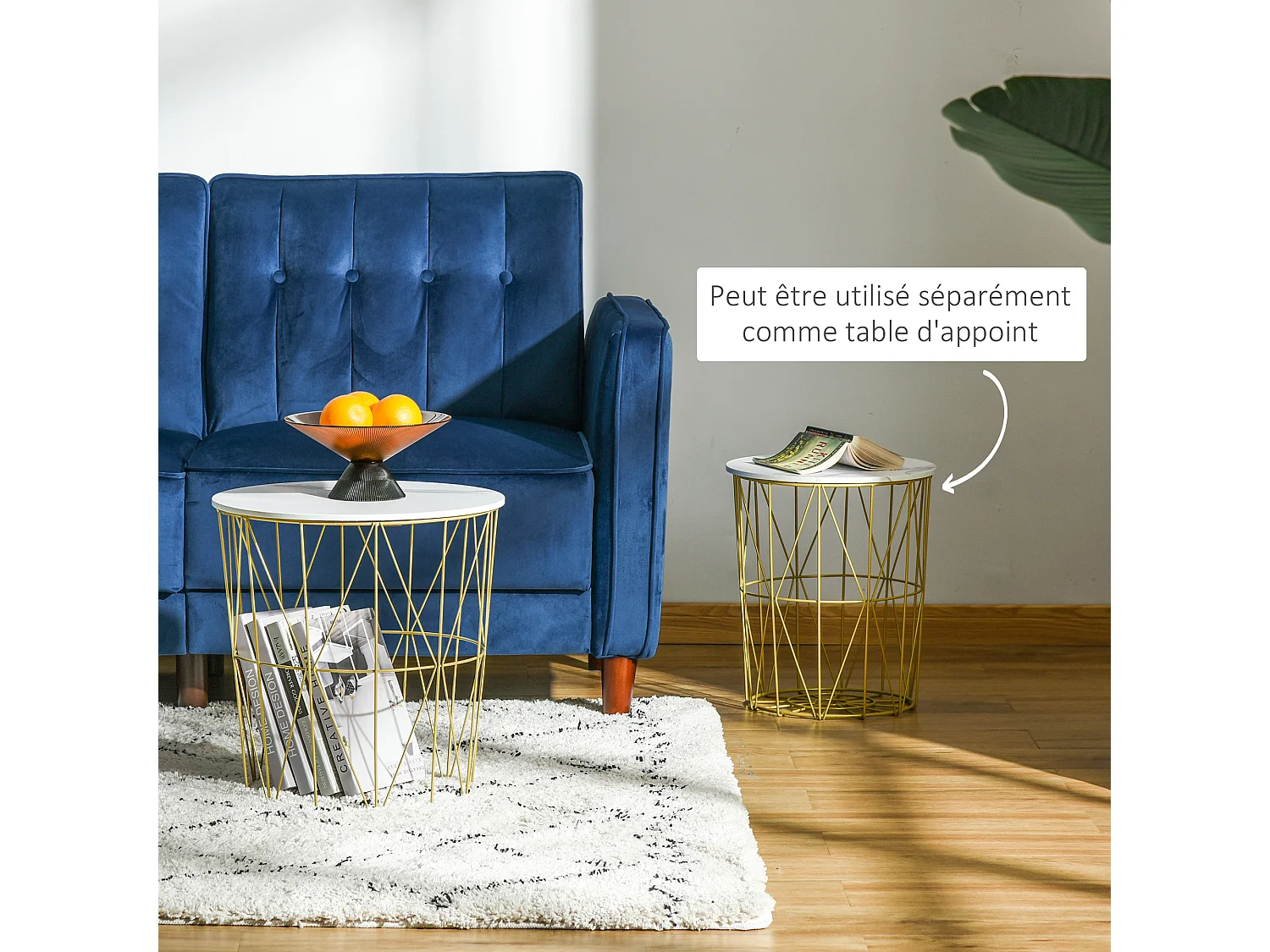 Lot de 2 tables basses gigognes - tables d'appoint rondes encastrables style néo-rétro bicolore structure métal doré plateau MDF aspect marbre blanc