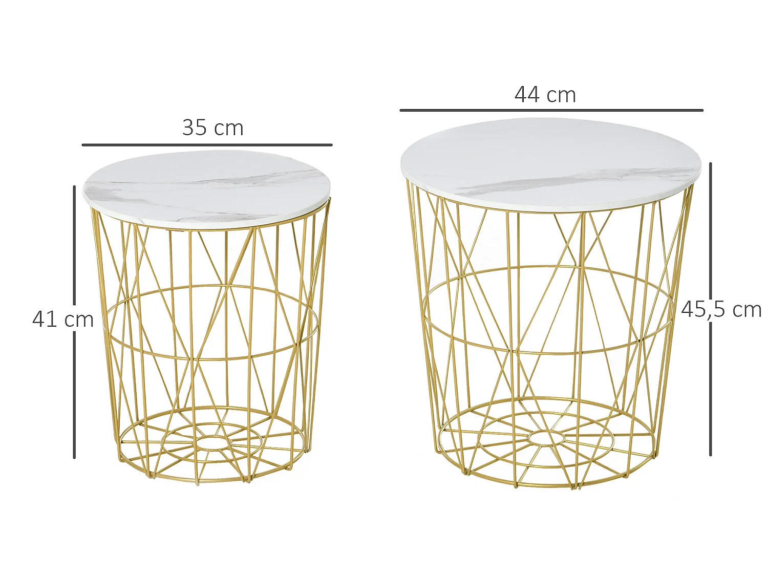 Lot de 2 tables basses gigognes - tables d'appoint rondes encastrables style néo-rétro bicolore structure métal doré plateau MDF aspect marbre blanc