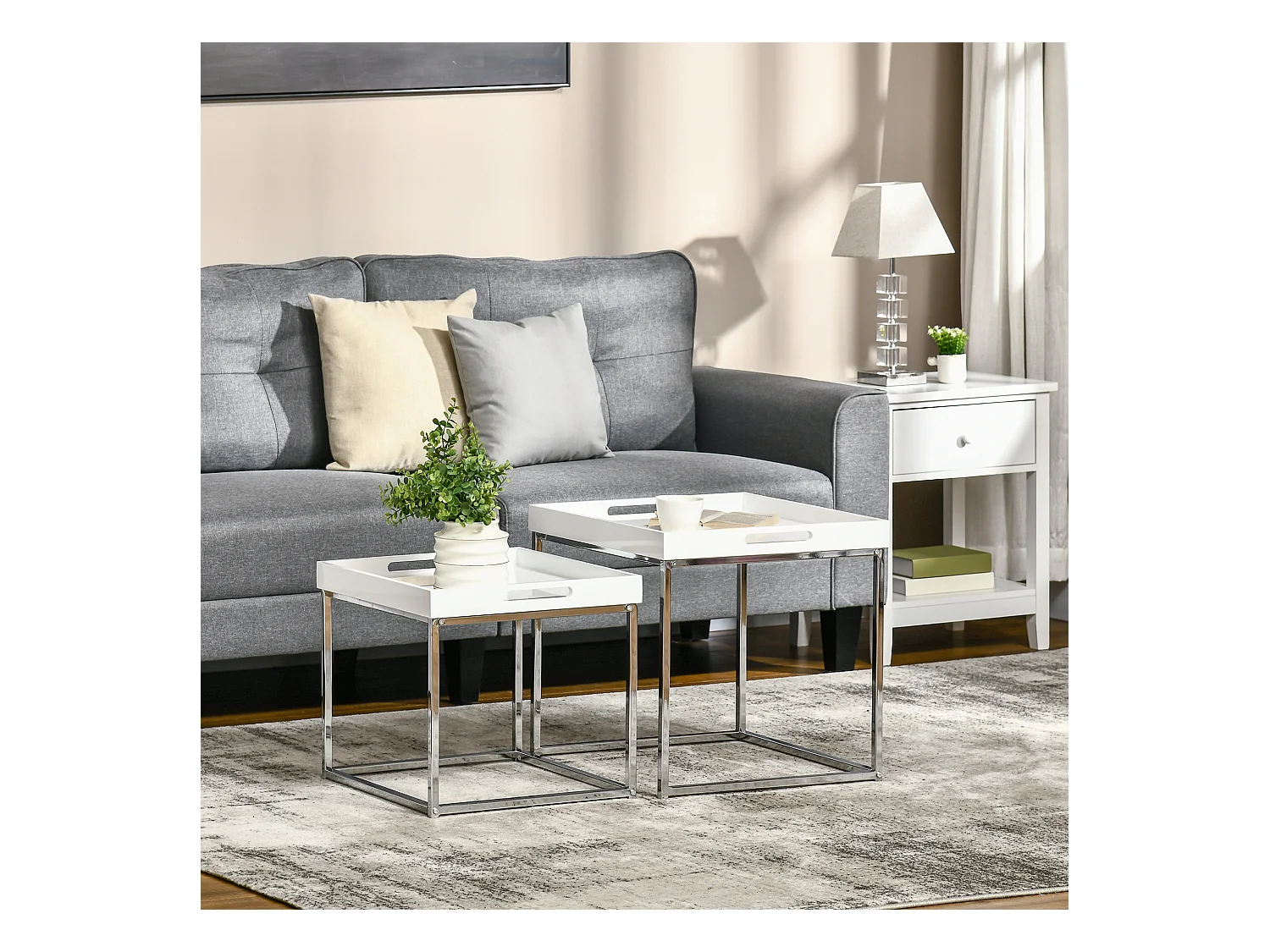 Lot de 2 tables basses carrées gigognes style contemporain - plateau 2 poignées MDF blanc laqué châssis piètement acier chromé