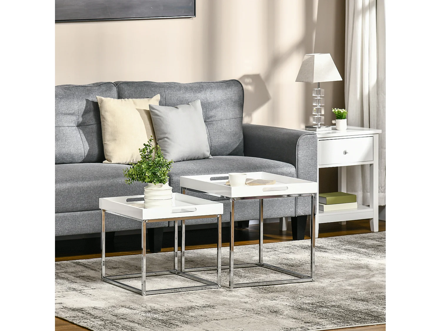 Lot de 2 tables basses carrées gigognes style contemporain - plateau 2 poignées MDF blanc laqué châssis piètement acier chromé