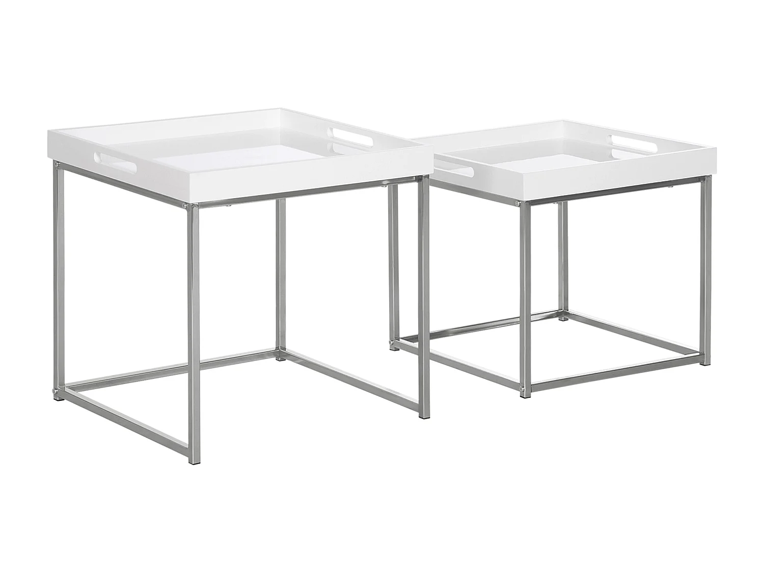Lot de 2 tables basses carrées gigognes style contemporain - plateau 2 poignées MDF blanc laqué châssis piètement acier chromé