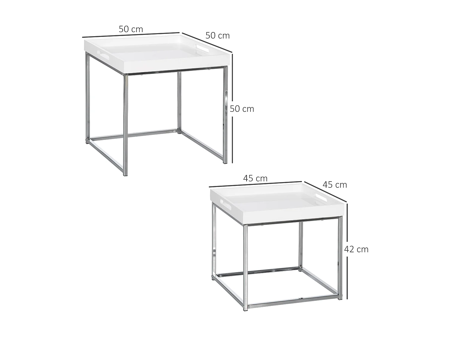 Lot de 2 tables basses carrées gigognes style contemporain - plateau 2 poignées MDF blanc laqué châssis piètement acier chromé