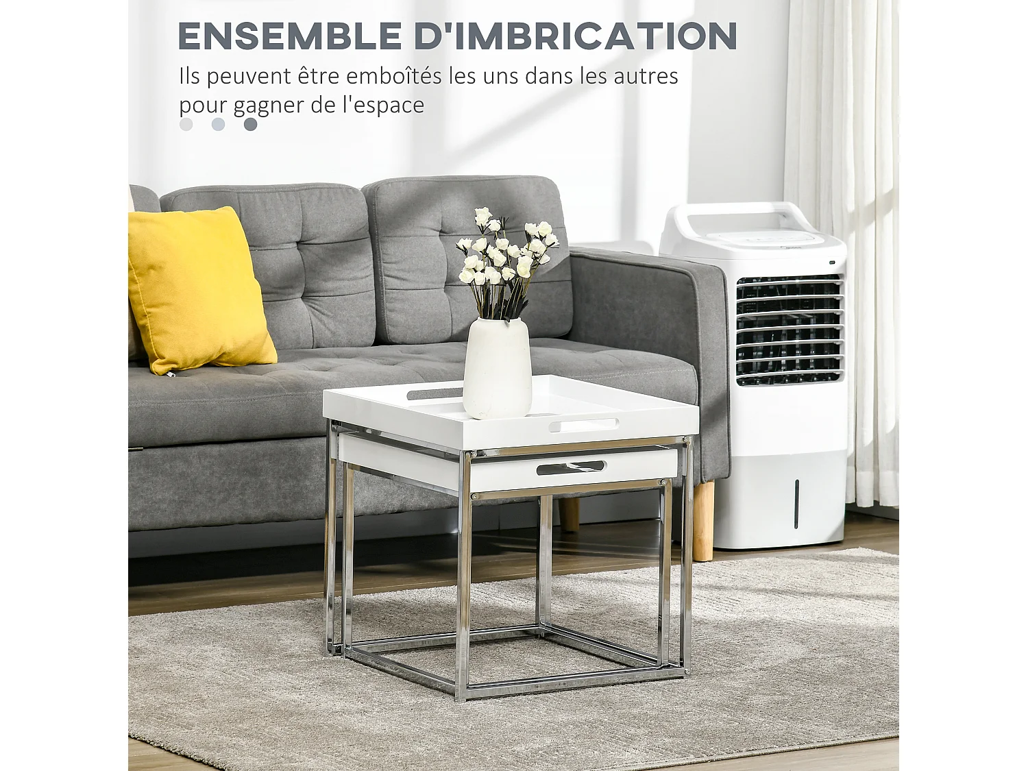 Lot de 2 tables basses carrées gigognes style contemporain - plateau 2 poignées MDF blanc laqué châssis piètement acier chromé