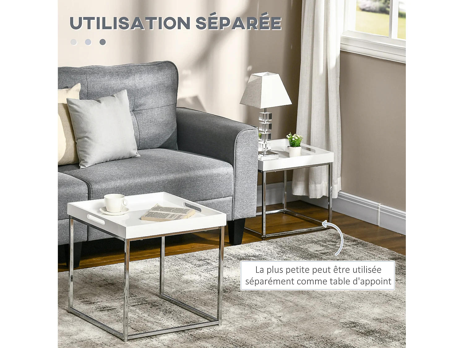 Lot de 2 tables basses carrées gigognes style contemporain - plateau 2 poignées MDF blanc laqué châssis piètement acier chromé