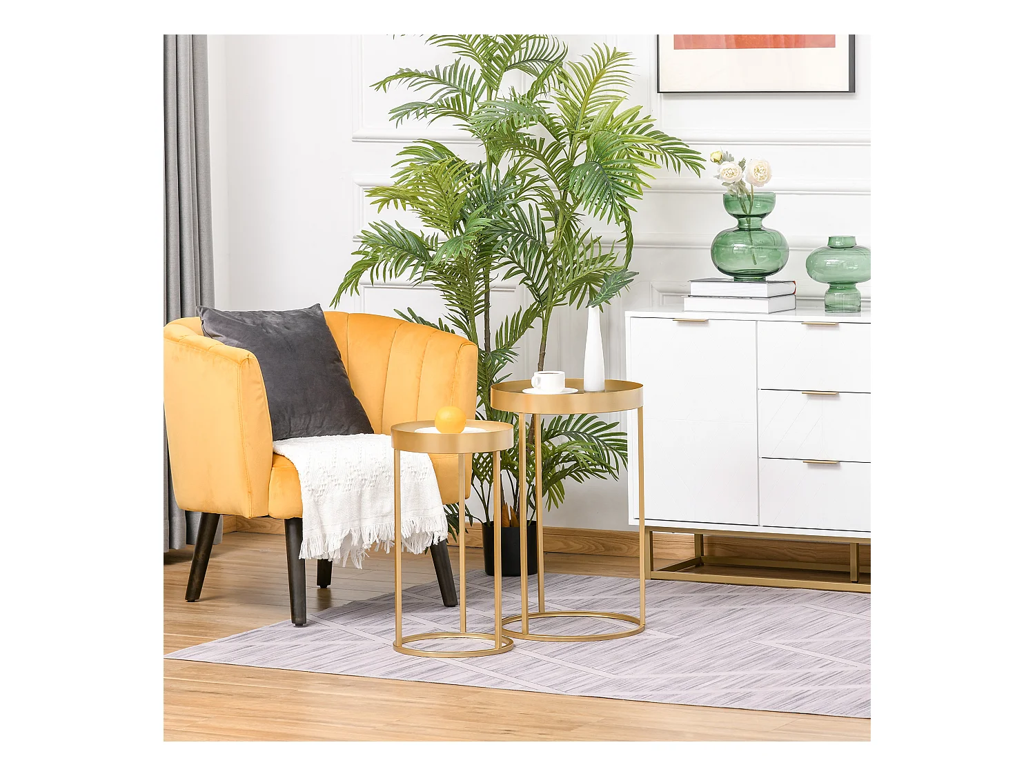 Tables gigognes lot de 2 tables basses rondes design style art déco Ø 39 et Ø 30 cm métal doré MDF blanc et noir