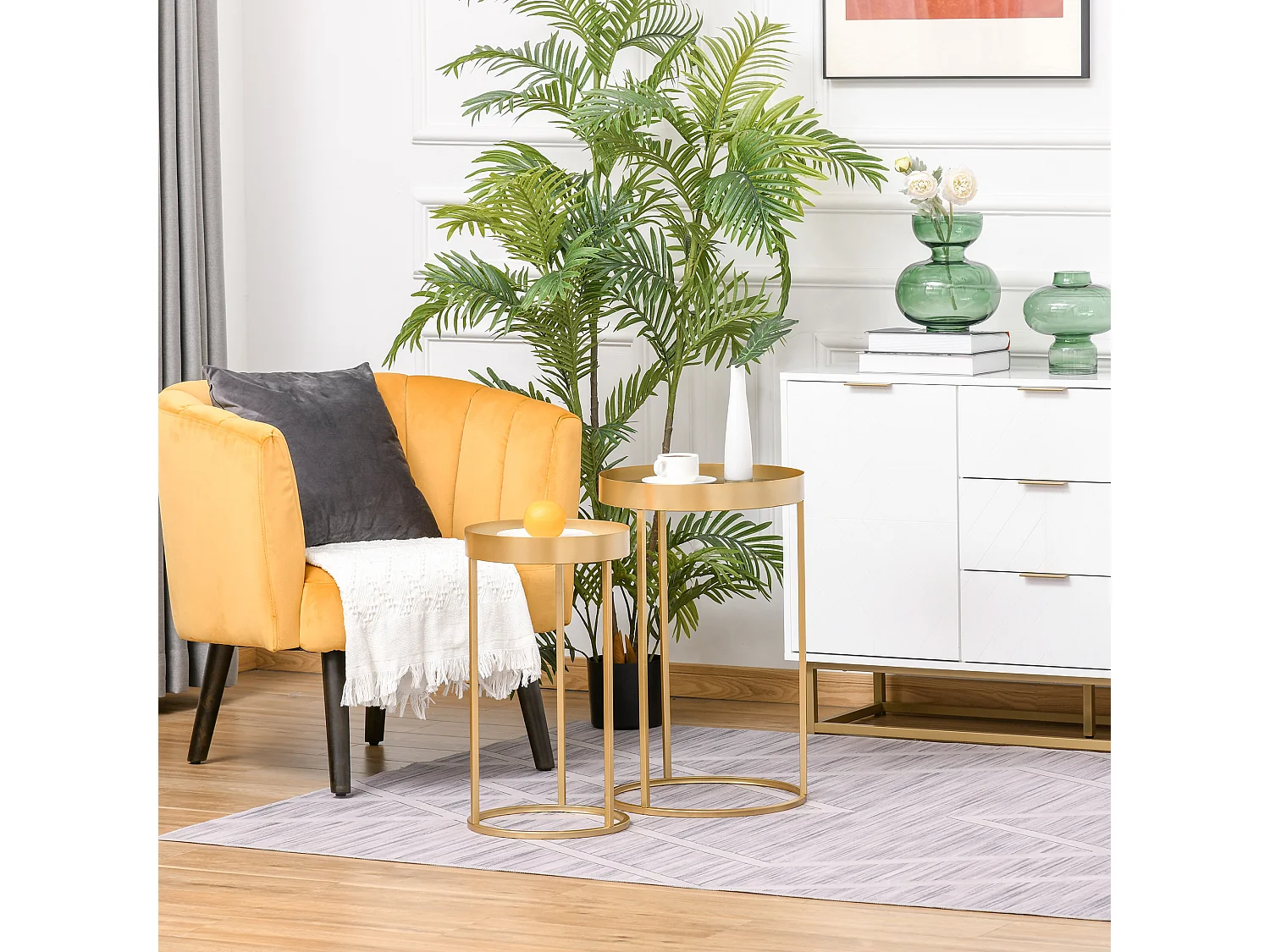 Tables gigognes lot de 2 tables basses rondes design style art déco Ø 39 et Ø 30 cm métal doré MDF blanc et noir