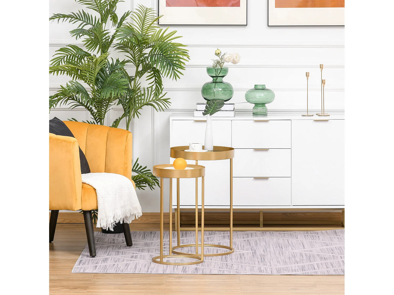 Tables gigognes lot de 2 tables basses rondes design style art déco Ø 39 et Ø 30 cm métal doré MDF blanc et noir